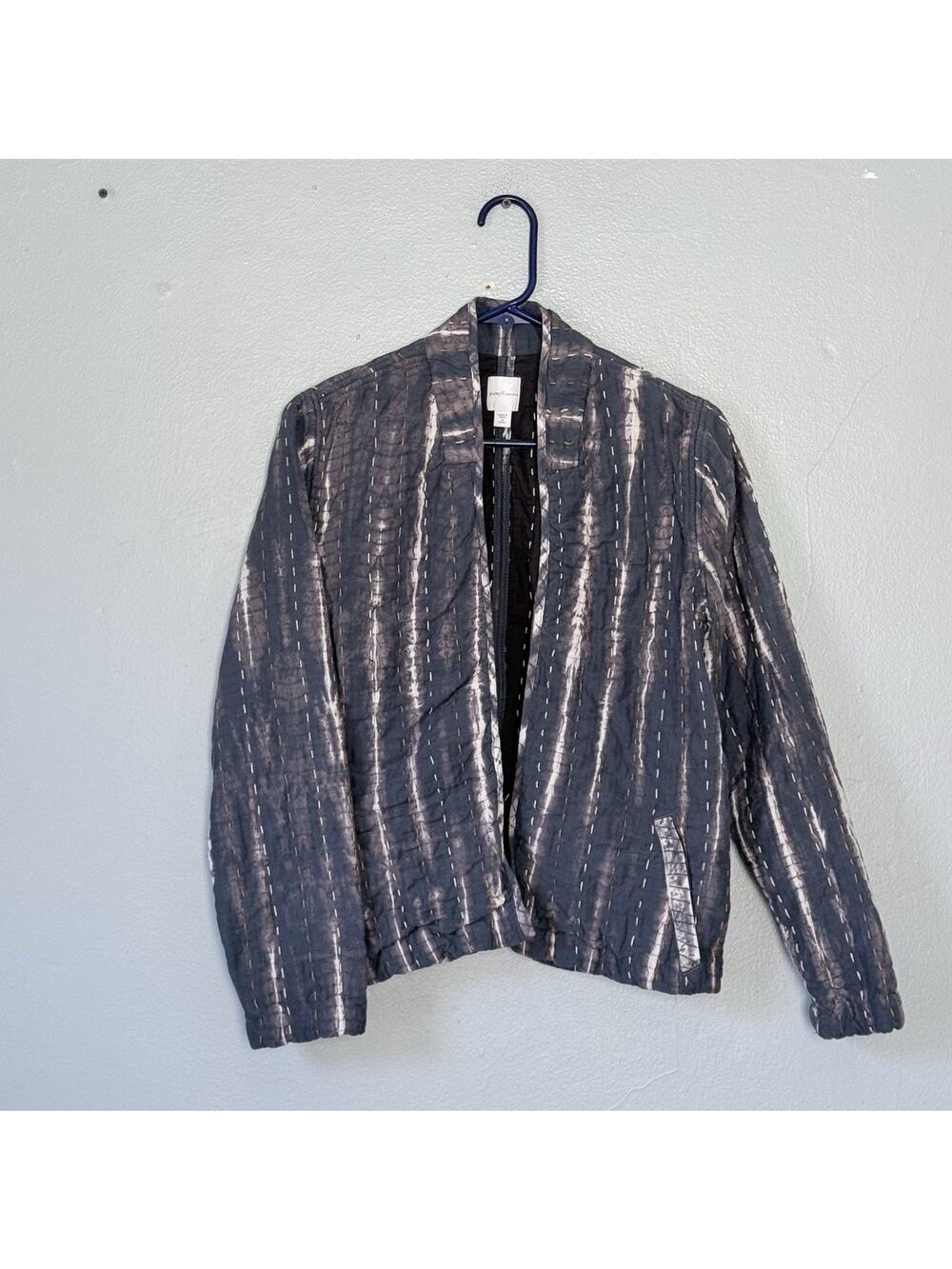 J. JIll Jacket Medium Petite Gray Purple Elements Kantha Stitched Ikat Open